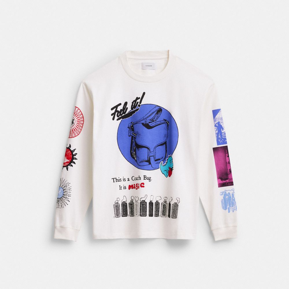 White Cream Coach Graphic Long Sleeve T Shirt In Organic Cotton | COH866009