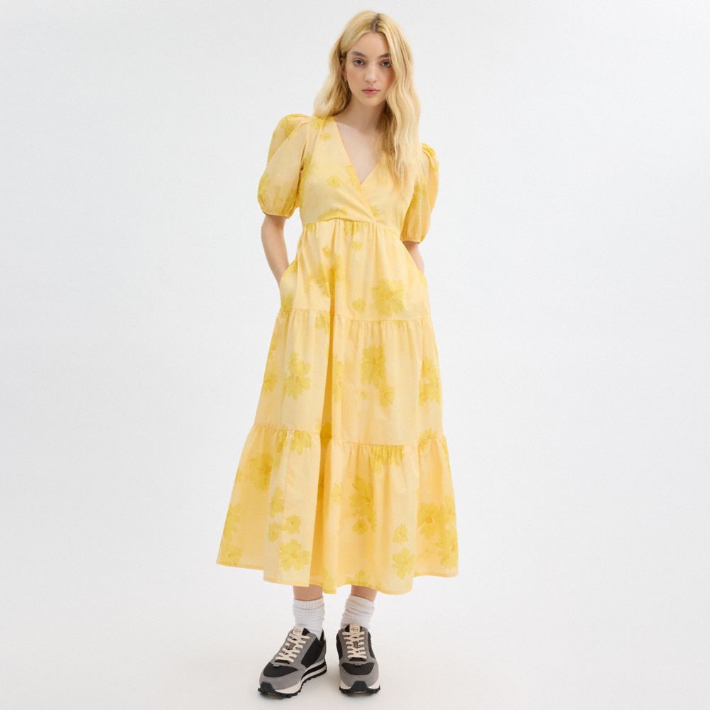 Yellow Coach Long Cotton Floral Dress | COH866067