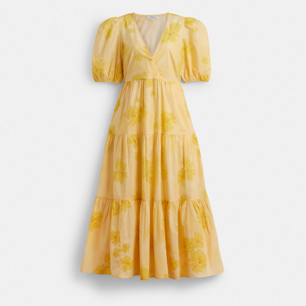 Yellow Coach Long Cotton Floral Dress | COH866067